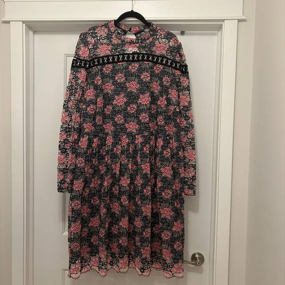 BNWT ASOS Pink & Black Lace Floral Layered Scalloped Eye & Hook Dress 20 - Picture 1 of 3